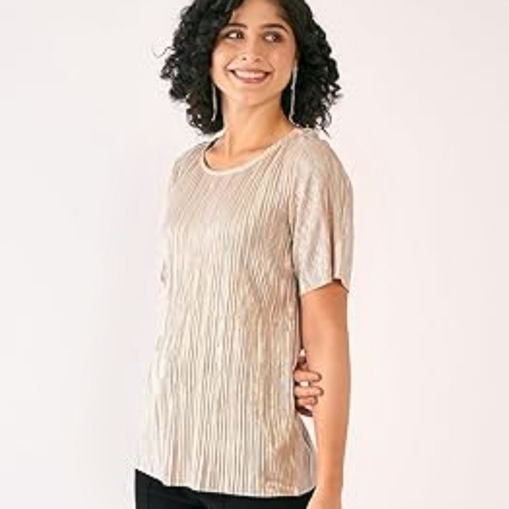 ANN TAYLOR Pleated Top Metallic Champagne Gold Flutter Sleeve Large - Picture 10 of 11